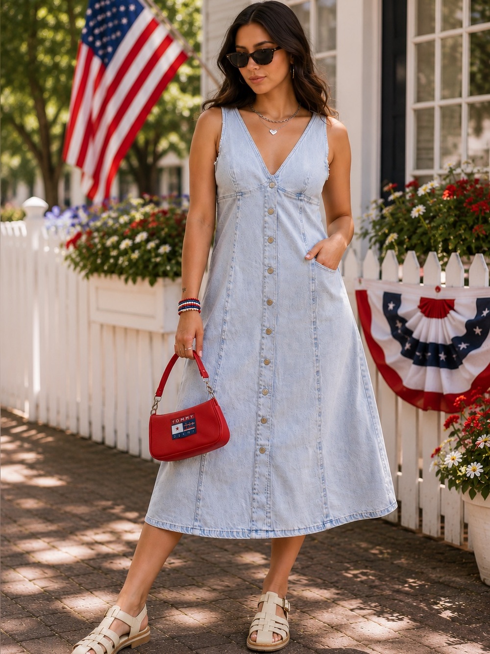 Tommy Jeans Denim Midi Maxi Dress Y2K Style Button Front Sleeveless Light Wash